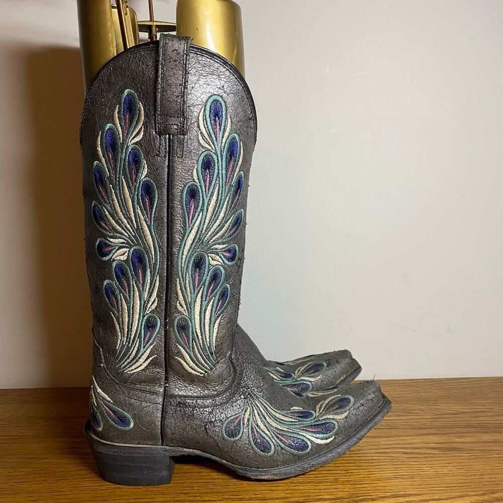 Ariat Marabelle Peacock Feathers Grey Distressed Embroidery Western Boots 7.5B